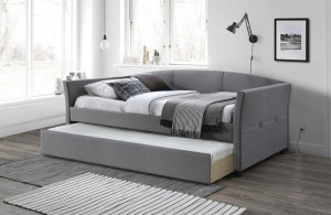 PAT DUBLU SANNA, 90X200, GRI, DIN LEMN MASIV SI STOFA, STIL MODERN