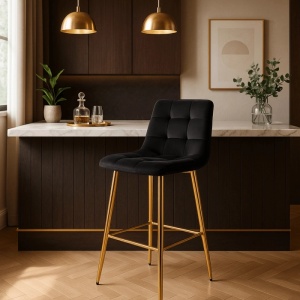 SCAUN BAR, ARTIM MEBLE, REALIZAT DIN CATIFEA SI METAL, CULOARE NEGRU/AURIU, STIL MODERN