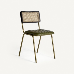 SCAUN DINING ALMSTOCK, VERDE/AURIU, CONFECTIONAT DIN RATTAN, PIELE, METAL, STIL MODERN - Img 1