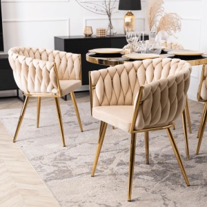 SCAUN DINING, ARTIM MEBLE, REALIZAT DIN METAL SI CATIFEA, CULOARE CREM/AURIE, STIL MODERN - Img 4