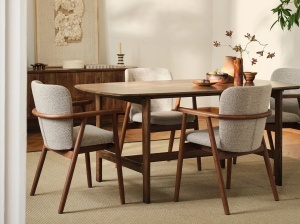 SCAUN DINING, RIA, DIN TEXTIL SI LEMN, BEJ/MARO, MICADONI, STIL MODERN - Img 6