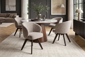 SET 2 SCAUNE ROTATIVE 180 GRADE, WALKURE, REALIZAT DIN LEMN DE STEJAR SI TEXTIL, CULOARE BEJ/MARO - Img 3