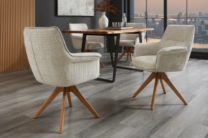 SET 2 SCAUNE ROTATIVE, LE GRAND, REALIZAT DIN MATERIAL CHENILLE BEJ SI PICIOARE DIN LEMN, ARTIM GROUP SELECTION - Img 5