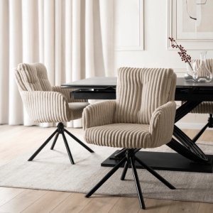SET 4 SCAUNE ROTATIVE, ARTIM MEBLE, REALIZAT DIN CATIFEA RAIAT BEJ SI METAL, STIL MODERN