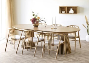 SET MASA SI 6 SCAUNE, DIN LEMN SI TEXTIL, CULOARE STEJAR/NATUR, HOUSE NORDIC - Img 2