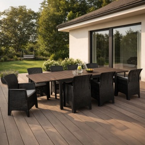 SET MOBILIER DE GRADINA/TERASA,ARGOS 160-260CM, ARTIM MEBLE, MASA SI 8 FOTOLII, DIN TEHNORATAN SI COMPOZIT, CULOARE NUC/NEGRU