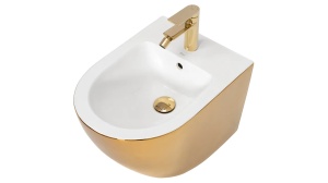 SET VAS DE TOALETA REA CARLO FLAT+BIDEU CARLO MINI SUSPENDATE, AURIU/ALB, DIN CERAMICA, CALITATE SUPERIOARA - Img 3