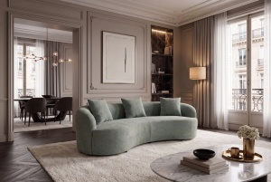 SOFA DEOSEBITA ATELIER 3 LOCURI 230CM, REALIZATA DIN LEMN MASIV SI TEXTIL BOUCLE, CULOARE VERDE GRI, INVICTA INTERIOR