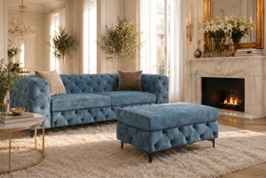 TABURET CHESTERFIELD 95CM, DIN LEMN SI TEXTIL CATIFEA, CULOARE ALBASTRA, INVICTA INTERIOR - Img 5