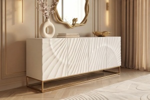 BUFET LIVING DEOSEBIT, SCORPION 180CM, MODEL 3D, REALIZAT DIN LEMN DE MANGO SI METAL, CULOARE ALB/AURIU, INVICTA INTERIOR - Img 2