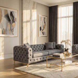 CANAPEA DEOSEBITA 3 LOCURI, ARTIM MEBLE, MATERIAL TEXTIL( CATIFEA) SI SUPORT METALIC, CULOARE GRI/AURIU, STIL MODERN - Img 2