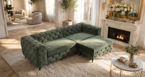 CANAPEA ELEGANTA CHESTERFIELD 235CM, DIN LEMN SI TEXTIL CATIFEA, CULOARE VERDE INCHIS, INVICTA INTERIOR - Img 2