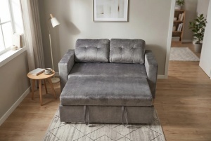CANAPEA EXTENSIBILA DE APARTAMENT, SMART 140CM, 2 LOCURI, DIN LEMN SI MATERIAL CATIFEA, CULOARE GRI, INVICTA INTERIOR - Img 2