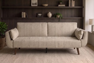 CANAPEA EXTENSIBILA DIVANI 220CM, 3 LOCURI, REALIZAT DIN LEMN SI TEXTIL CATIFEA, CULOARE BEJ - Img 4
