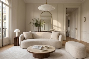 CANAPEA LIVING SEMIROTUNDA ELEMENTS, 180CM, 2 LOCURI, DIN LEMN SI MATERIAL BOUCLE, CULOARE BEJ, INVICTA INTERIOR - Img 8