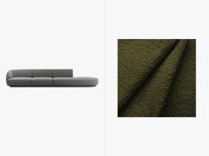 CANAPEA MILEY, CU 4 LOCURI, PE DREAPTA, VERDE MASLNIU INCHIS, CU TAPITERIE DIN TEXTIL BOUCLE BALOO, MICADONI