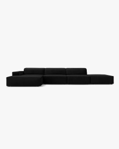 COLTAR CU 5 LOCURI JODIE, PE STANGA, 341X162 CM, NEGRU, TAPITAT CU TAPITERIE DIN TEXTIL CATIFEA BLUVEL, MICADONI