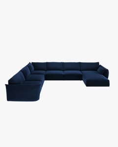COLTAR CU 8 LOCURI, KAELLE, PE STANGA, 384 CM, ALBASTRU ROYAL, TAPITAT CU TAPITERIE DIN TEXTIL CATIFEA BLUVEL, MICADONI