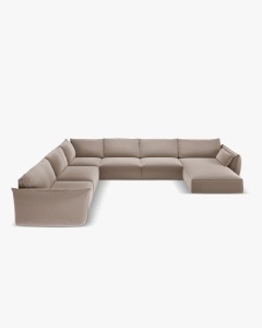 COLTAR CU 8 LOCURI, KAELLE, PE STANGA, 384 CM, CAPPUCCINO, TAPITAT CU TAPITERIE DIN TEXTIL CATIFEA BLUVEL, MICADONI