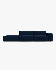 COLTAR JODIE, 262X99 CM, PE STANGA, CU 3 LOCURI, ALBASTRU ROYAL, TAPITAT CU TAPITERIE DIN TEXTIL CATIFEA BLUVEL, MICADONI