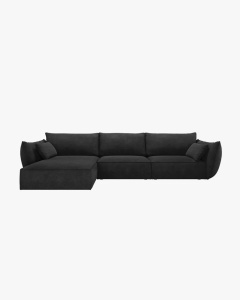 COLTAR KAELLE, 308 CM, CU 4 LOCURI, PE STANGA, NEGRU, CU TAPITERIE DIN TEXTIL CHENILLE OVER THE HORIZON, MICADONI