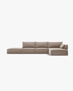 COLTAR KAELLE, 364 CM, CU 5 LOCURI, PE DREAPTA, CAPPUCCINO, CU TAPITERIE DIN TEXTIL CATIFEA BLUVEL, MICADONI