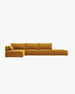 COLTAR KAELLE, 364 CM, CU 5 LOCURI, PE STANGA, GALBEN, CU TAPITERIE DIN TEXTIL CATIFEA BLUVEL, MICADONI