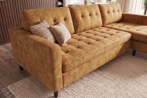 COLTAR MODERN STOCKHOLM 220CM, 3 LOCURI, CU SEZLONG, REALIZAT DIN TEXTIL FOARTE FIN- CATIFEA, CULOARE GALBEN MUSTAR - Img 8