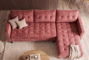 COLTAR MODERN STOCKHOLM 220CM, 3 LOCURI, CU SEZLONG, REALIZAT DIN TEXTIL FOARTE FIN- CATIFEA, CULOARE ROZ ANTICHIZAT - Img 7