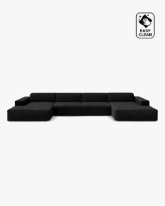 COLTAR PANORAMIC, CU 6 LOCURI, JODIE, 364X162 CM, ADANCIME SCAUN 62 CM, NEGRU, TAPITAT CU TAPITERIE DIN TEXTIL CATIFEA VENUS, MICADONI