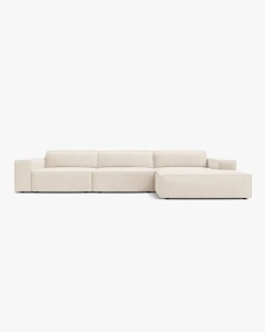 COLTAR PE DREAPTA JODIE, CU 4 LOCURI, 284X162 CM, ADANCIME SCAUN 62 CM, BEJ DESCHIS, TAPITAT CU TAPITERIE DIN TEXTIL CATIFEA BLUVEL, MICADONI