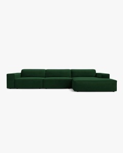 COLTAR PE DREAPTA JODIE, CU 4 LOCURI, 284X162 CM, ADANCIME SCAUN 62 CM, VERDE SMARLD, TAPITAT CU TAPITERIE DIN TEXTIL CATIFEA BLUVEL, MICADONI