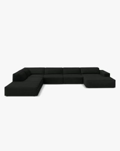 COLTAR PE STANGA JODIE, CU 7 LOCURI, 361X258 CM, ADANCIME SCAUN 62 CM, NEGRU, TAPITAT CU TAPITERIE DIN TEXTIL STRUCTURAT MEGAN, MICADONI