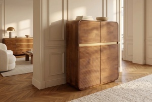 COMODA INALTA LIVING MONZA 120CM, REALIZATA DIN LEMN DE MANGO, DETALII AURII, CULOARE MARO/AURIU - Img 8