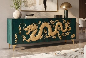 COMODA LIVING DRAGON 180CM, REALIZAT DIN METAL SI LEMN DE MANGO 3D, DE CULOARE TURCOAZ/AURIU