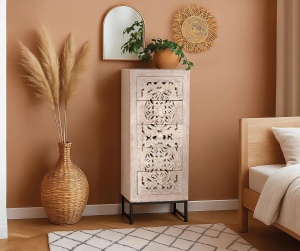 COMODA LIVING MYKONOS 105CM, REALIZATA DIN LEMN DE MANGO SI METAL, CULOARE ALB ANTICHIZAT, GINER Y COLOMER - Img 2