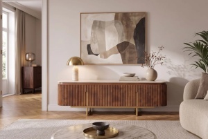 COMODA TV GATSBY 160CM, STIL RETRO, REALIZATA DIN LEMN MASIV DE MANGO SI TRAVERTIN, CULOARE MARO/AURIU, INVICTA INTERIOR - Img 4