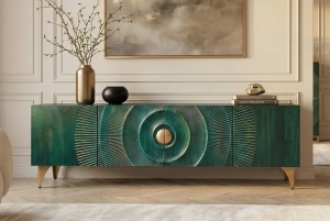 COMODA TV GOLDEN SUNSET 180CM, REALIZAT DIN LEMN DE MANGO, DE CULOARE TURCOAZ, MODEL 3D, ARTIM GROUP - Img 12