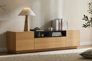 COMODA TV LOFT 160CM, REALIZATA DIN MDF SI FURNIR STEJAR, CULOARE NEGRU/NATUR, ARTIM GROUP SELECTION