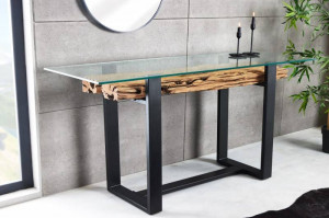 CONSOLA, BARRACUDA 150CM, LEMN MASIV DE TEC SI STICLA, NATUR/NEGRU, MODEL DEOSEBIT - Img 1