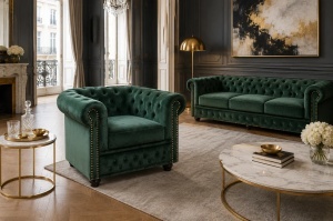 FOTOLIU CHESTERFIELD, REALIZAT DIN LEMN SI TEXTIL CATIFEA, CULOARE VERDE SMARALD, STIL CLASIC - Img 5