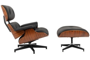 FOTOLIU CU TABURET LOUNGE HM, PIELE NATURALA ITALIANA SI LEMN DE NUC, CULOARE NEGRU/TRANDAFIR, STIL EAMES - Img 2