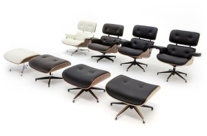 FOTOLIU CU TABURET LOUNGE MODESTI PIELE ECO SI LEMN DE NUC CULOARE NEGRU/NUC, STIL EAMES - Img 2