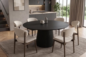 MASA DE DINING ROTUNDA VALHALLA 140CM, REALIZAT DIN LEMN DE STEJAR SI BLATUL DIN MDF SI FURNIR STEJAR, CULOARE NEAGRA - Img 6
