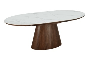 Masă de sufragerie QNIQUE, extensibilă de la 160 la 200 cm, aspect lemn de nuc închis, blat din marmură ceramică albă - Img 3