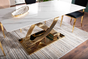 MASA DINING 160 CM, EFECT DE MARMURA ALBA/AURIU, BLAT DIN CERAMICA SI PICIOARE DIN METAL , STIL MODERN - Img 3
