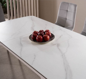 MASA DINING EXTENSIBILA,, 120/160 CM, EFECT DE MARMURA ALBA/NEGRU, BLAT DIN CERAMICA SI PICIOARE DIN LEMN, STIL MODERN - Img 3