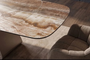 MASA DINING EXTENSIBILA INFINITY 180-220-260CM, REALIZATA DIN METAL SI BLAT DIN STICLA SI CERAMICA, CULOARE MARO/SAMPANIE - Img 11
