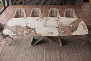 MASA DINING EXTENSIBILA INFINITY 180-220-260CM, REALIZATA DIN METAL SI BLAT DIN STICLA SI CERAMICA, CULOARE MARMURA/SAMPANIE - Img 7