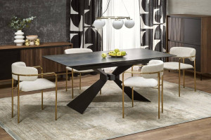 MASA DINING EXTENSIBILA LUCIANO, 180-230 CM, EFECT DE MARMURA ALBASTRA/NEGRU, DIN CERAMICA, STICLA SI METAL, STIL MODERN - Img 2